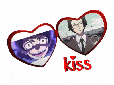 two heart shaped glasses with a man in a suit and tie and the word kiss