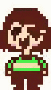 a pixel art of a girl with a green shirt on