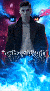 a man in a black coat stands in front of a blue and red background with the name kirash written on it