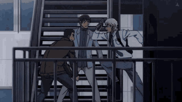 three men are standing on a set of stairs and one of them is holding a gun
