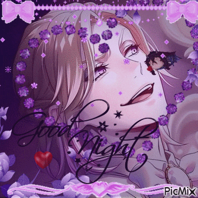 a picture of a man with purple flowers and the words good night