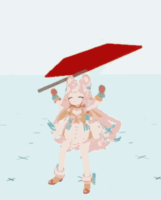 a cartoon girl is holding a red flag in her hands