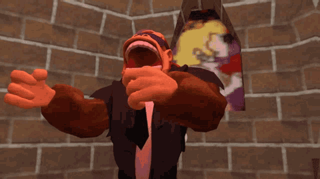 a cartoon character in a suit and tie is holding something with his mouth wide open