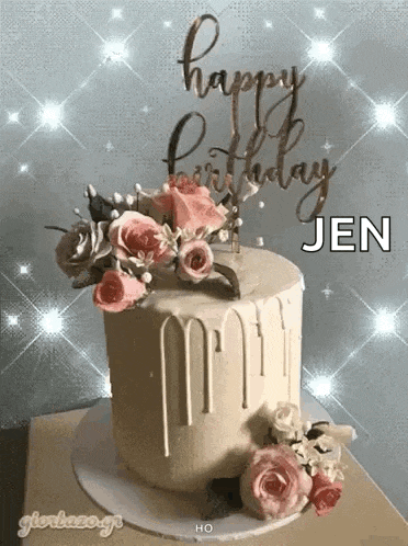 a birthday cake with flowers on top of it and a happy birthday jen sign .