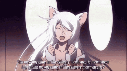 a girl with white hair and cat ears is talking to someone in a foreign language .