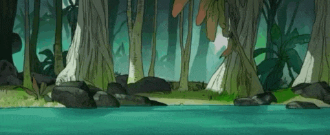 a cartoon illustration of a swamp with trees and rocks and a body of water .