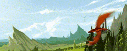 a painting of a dragon flying over a forest