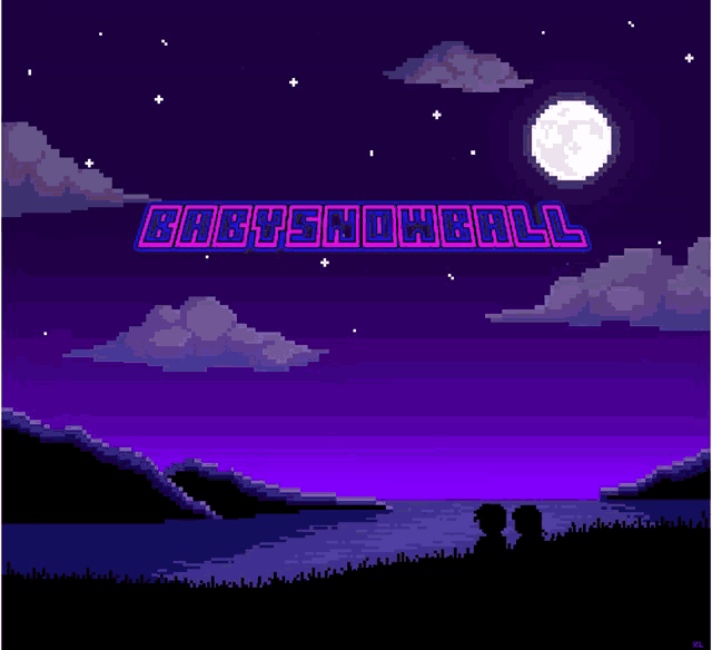 a pixel art of two people looking at a body of water with the words babysnowball written above them