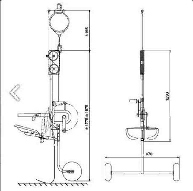 a black and white drawing of a machine with measurements on it .