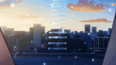 a view of a city from a rooftop with a staircase going up to the sky