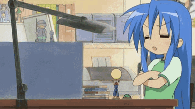 a cartoon character with blue hair is standing in front of a desk with her arms crossed