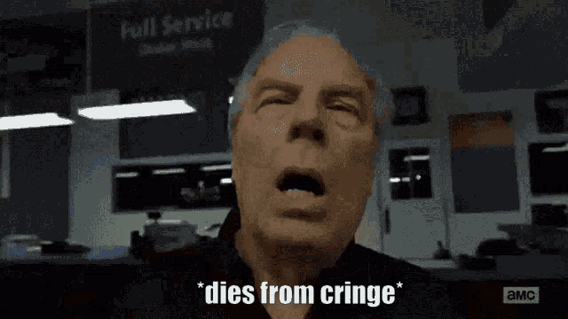 a man with his mouth open and the words dies from cringe written on the bottom