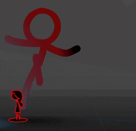 a red stick figure is standing next to a black circle