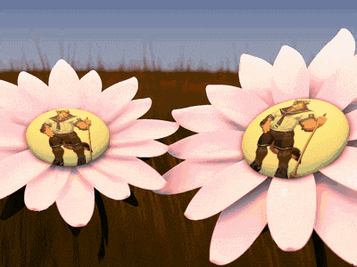 two pink flowers with a picture of a man on the center