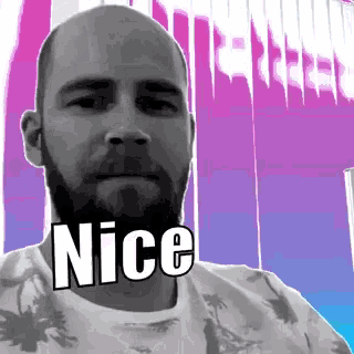 a man with a beard is wearing a white shirt with palm trees on it and says nice