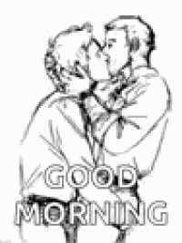 a black and white drawing of two men kissing with the words `` good morning '' written below them .