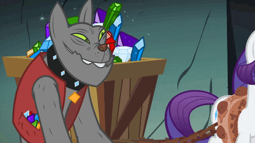a cartoon cat with a collar is smiling in front of a pile of gems