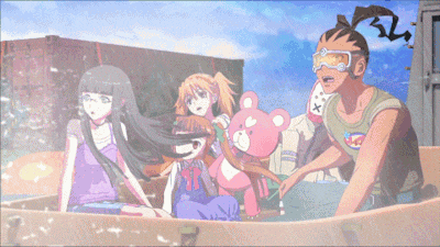 a group of anime characters including a teddy bear and a man with a x on his shirt