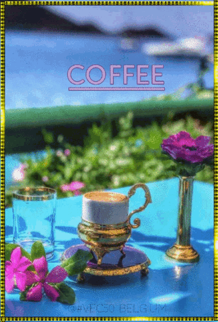 a picture of a cup of coffee on a table with the word coffee above it