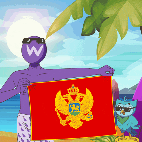 a cartoon drawing of a man holding a flag with a crown on it