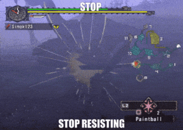 a screenshot of a video game with the words stop resisting on the bottom