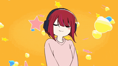 a girl with red hair is wearing headphones and smiling