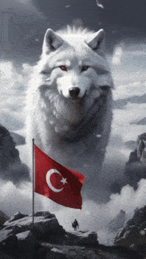 a giant white wolf is standing next to a flag with a crescent moon and star