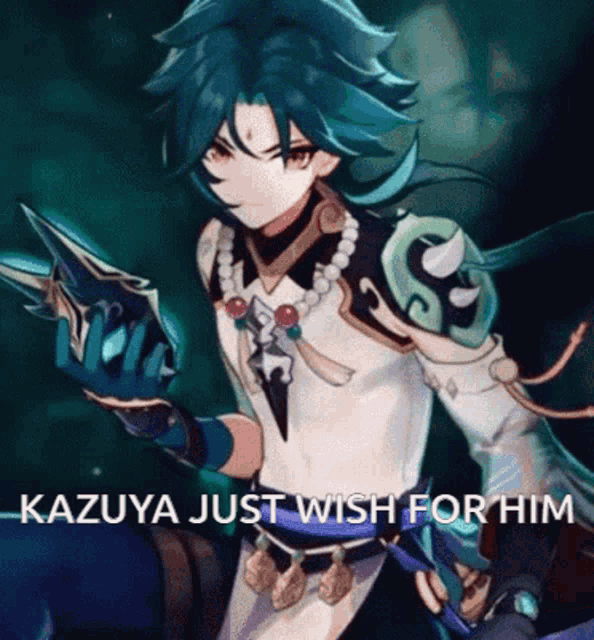 a character from a video game is holding a sword and says kazuya just wish for him