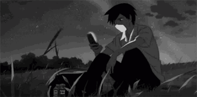 a black and white drawing of a boy sitting in the grass looking at his cell phone .