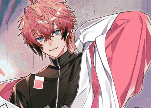 a boy with red hair and blue eyes is wearing a black and white jacket
