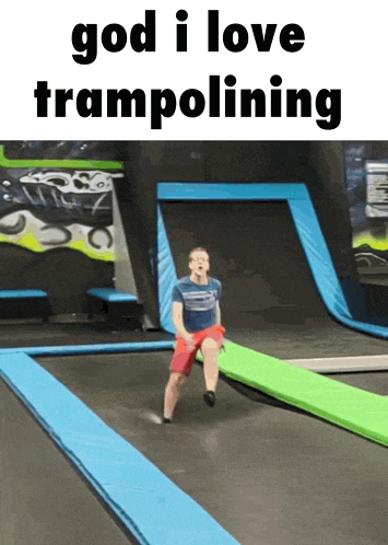 a man jumping on a trampoline with the words god i love trampolining above him