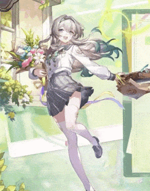a girl is holding a bouquet of flowers and a bag