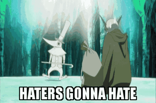 a cartoon of a man holding a bag with the words haters gonna hate below him