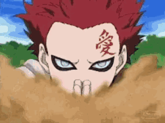 a close up of a cartoon character with red hair and a tattoo on his face .