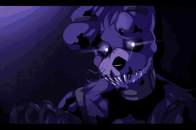 a cartoon of a purple bear with sharp teeth and a black background