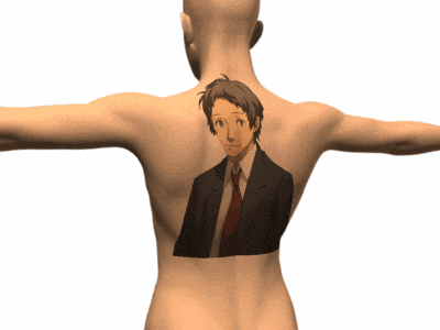 a man with a tattoo on his back of a man in a suit and tie