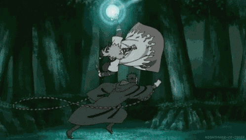 a person is flying through the air with a sword in their hand and a blue light behind them .