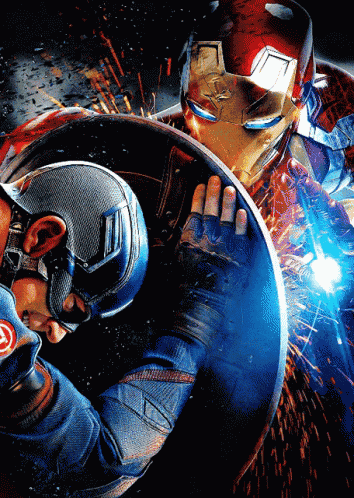 captain america and iron man are welding a shield