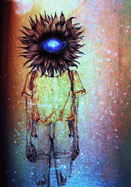 a drawing of a person with a flower on their head and a galaxy in the background