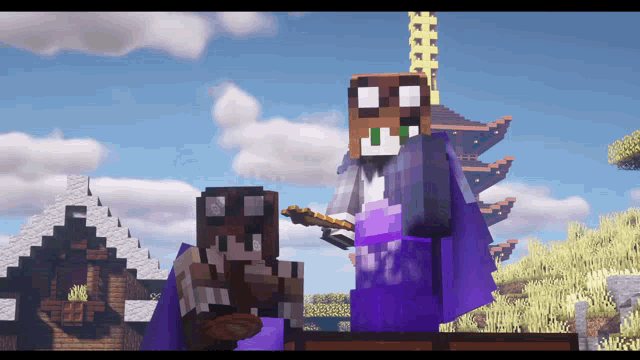 two minecraft characters are standing next to each other in a field