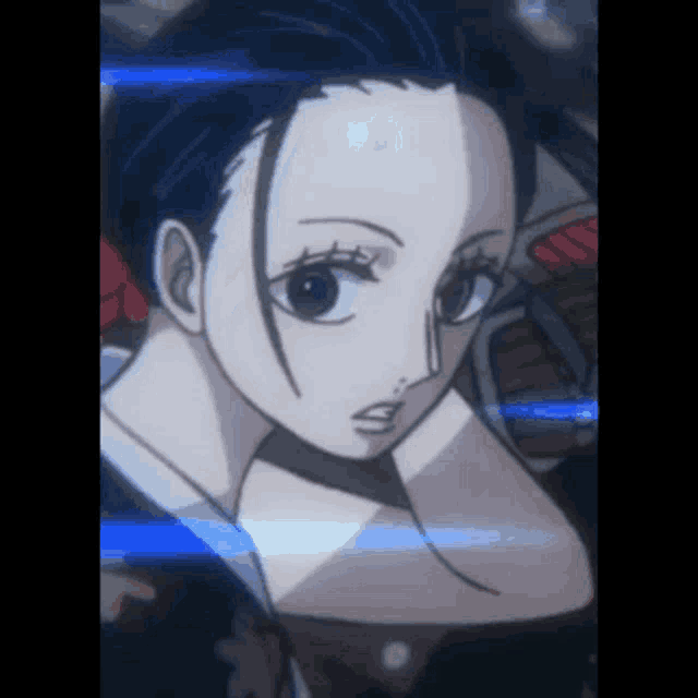 a close up of a cartoon character 's face with a blue light behind her