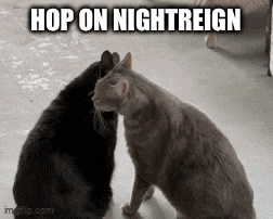 two cats are sitting next to each other with the caption hop on nightreign