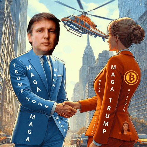a man in a blue suit is shaking hands with a woman in an orange suit that says maga trump