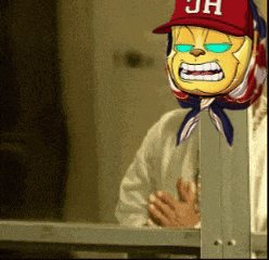 a cartoon character wearing a red hat with the letter jh on it