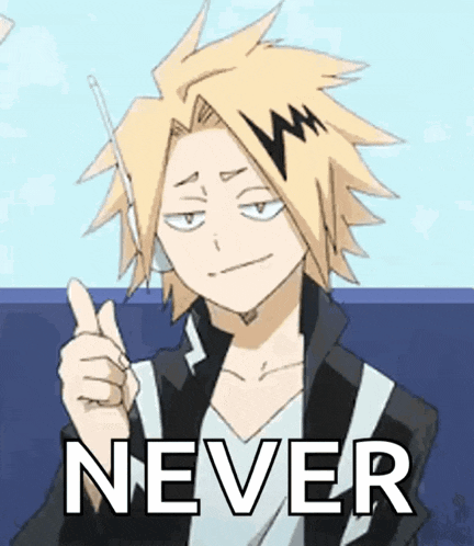 a yellow haired anime character is holding a pen and pointing at the word never .