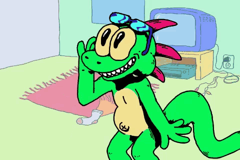 a cartoon of a lizard saying hi with a speech bubble
