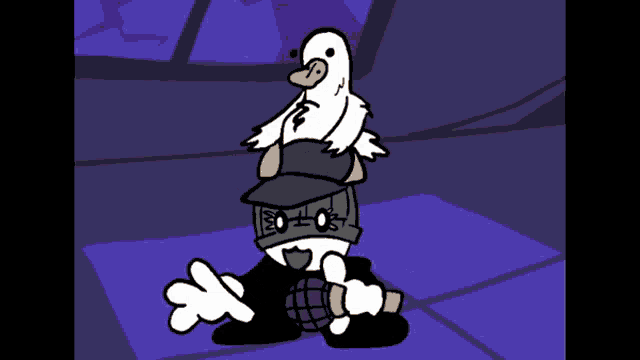 a cartoon character is holding a duck on his shoulder