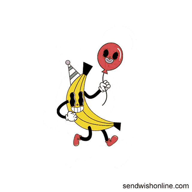 a banana wearing a party hat is holding a red balloon