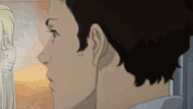 a man and a woman looking at each other in a cartoon