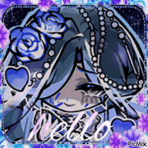a drawing of a girl with blue hair and roses says hello